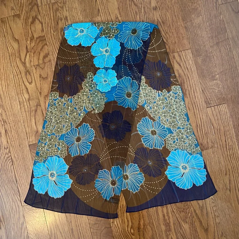 2/$20 👒 Vintage Oldstock Sheer Scarf with Blue and Brown Floral Pattern Y2K - Picture 5 of 6